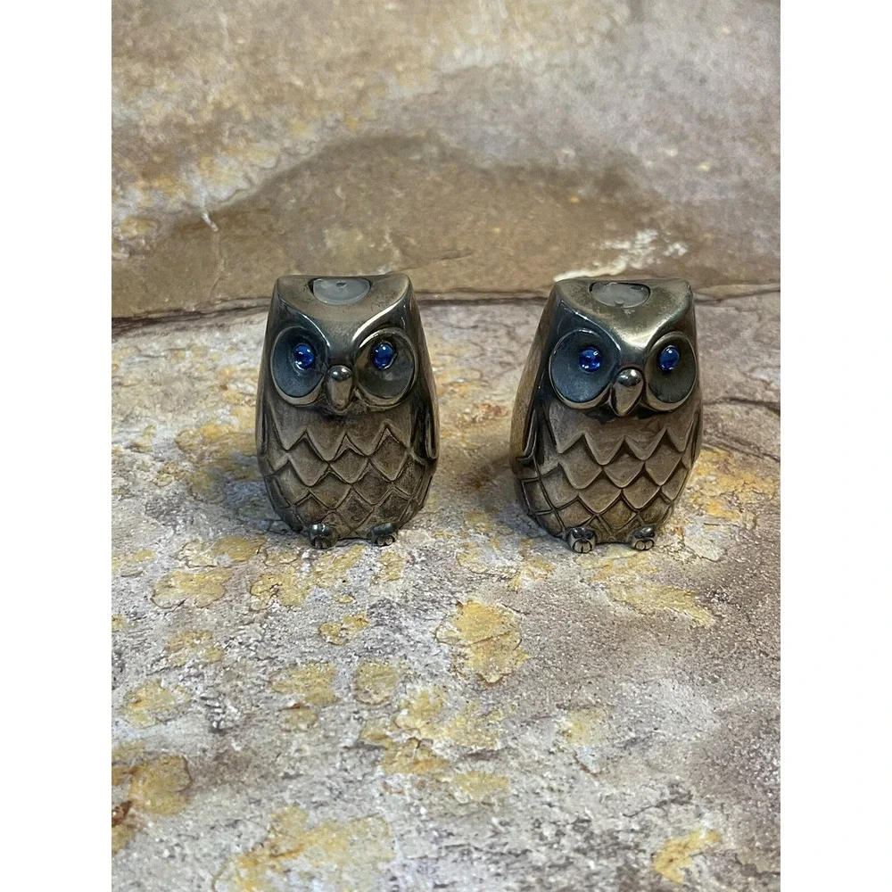 Vintage Owl Salt and Pepper Silver Plated Blue Crystal Eyes